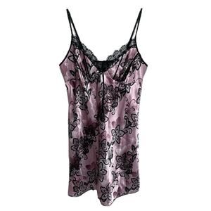 Y2K Whimsigoth Babydoll Satin Slip Dress Medium Purple Black Tie Back Floral